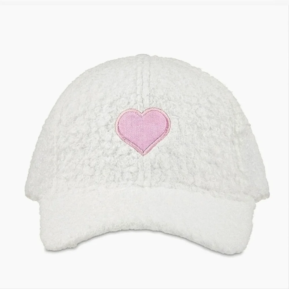 Faux Sherpa Heart Hat - White Baseball Cap Valentines Day Casual Baddie